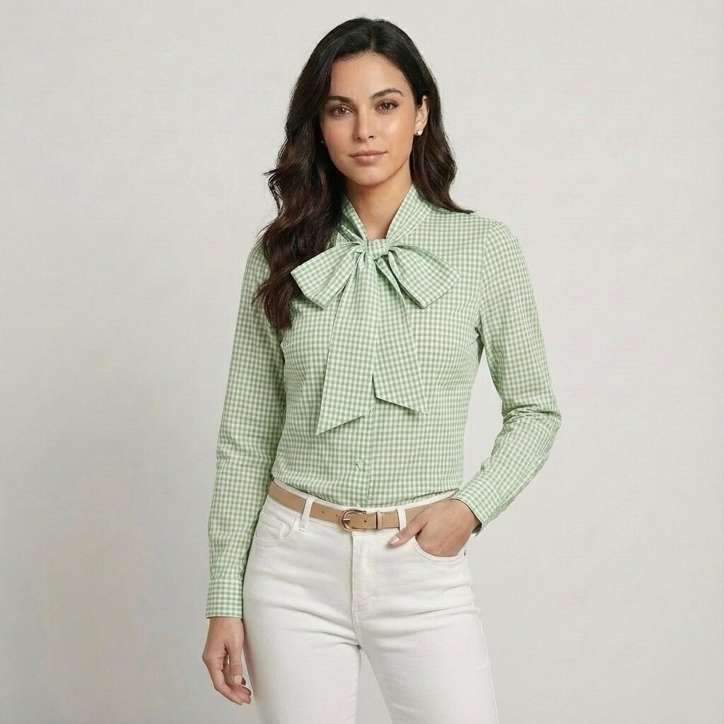 Blusa elegante en mezcla de algodón | Corte recto | Lazo decorativo en el escote