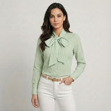 Blusa elegante en mezcla de algodón | Corte recto | Lazo decorativo en el escote