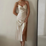 Beatrice | Vestido maxi de satén con escote en V para invitadas de boda