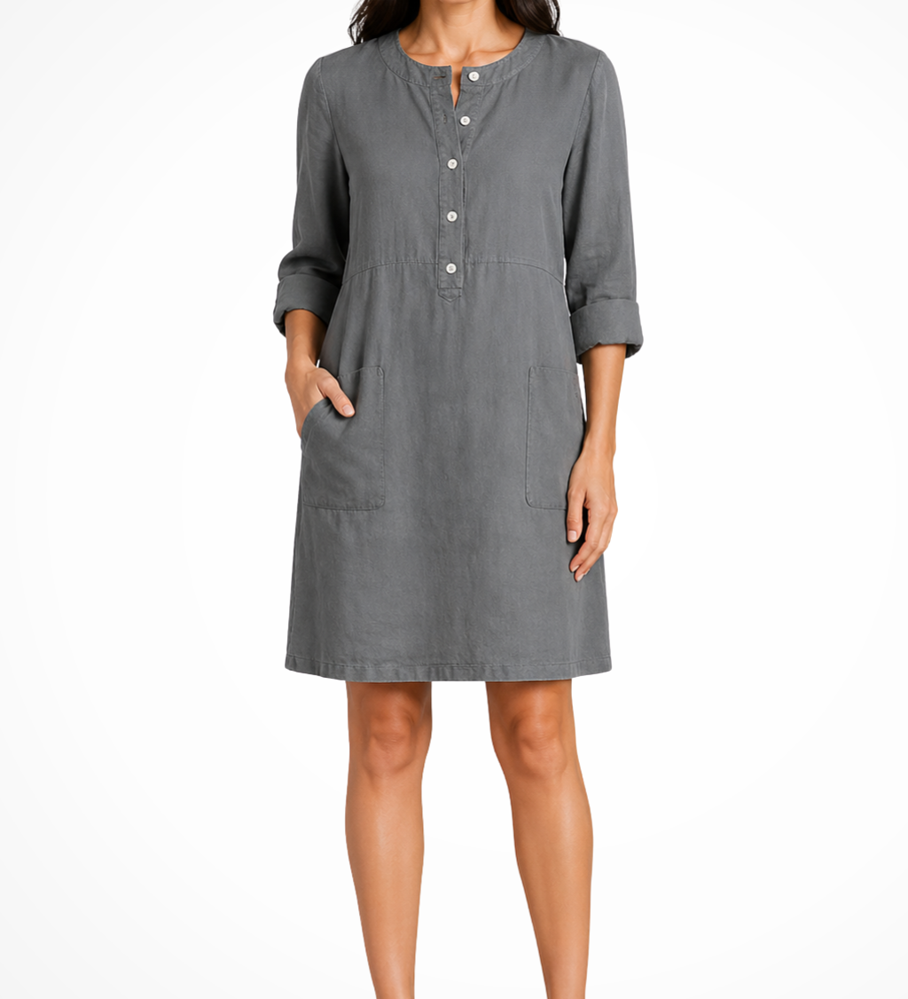 Claudette | Vestido de camisa de lino para mujer con mangas largas y bolsillos frontales