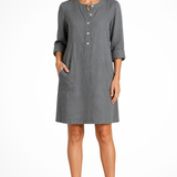 Claudette | Vestido de camisa de lino para mujer con mangas largas y bolsillos frontales