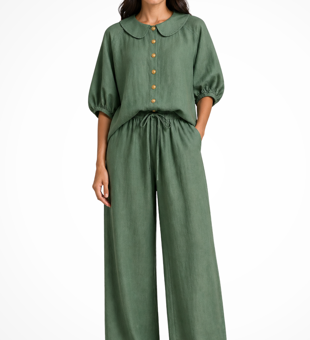 Cordelia | Conjunto de Lino para Mujeres con Blusa de Cuello Peter Pan y Pantalones de Pierna Ancha
