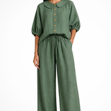 Cordelia | Conjunto de Lino para Mujeres con Blusa de Cuello Peter Pan y Pantalones de Pierna Ancha