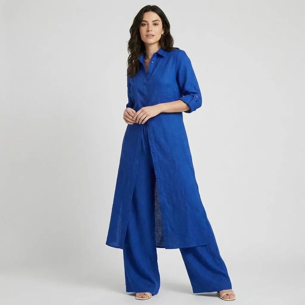 Conjunto fluido en mezcla natural | Camisa larga y pantalones anchos | Elegancia ligera y atemporal