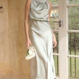 Amelina | Vestido Midi de Cuello Halter para Mujer en Satén para Invitadas de Boda
