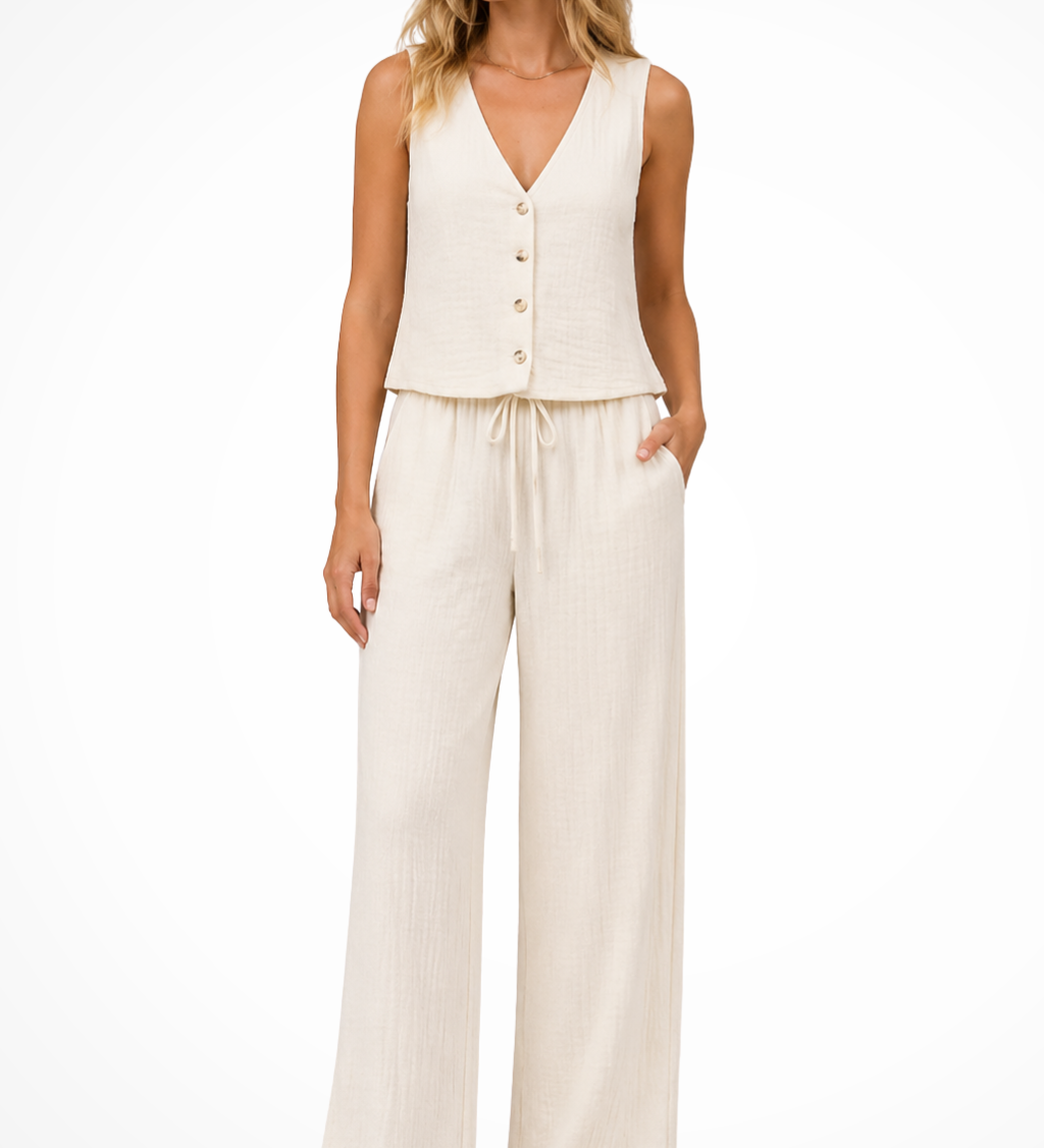 Sidonie | Chaleco de Cuello en V para Mujeres y Pantalones de Pierna Ancha de Lino Conjunto Coordinado