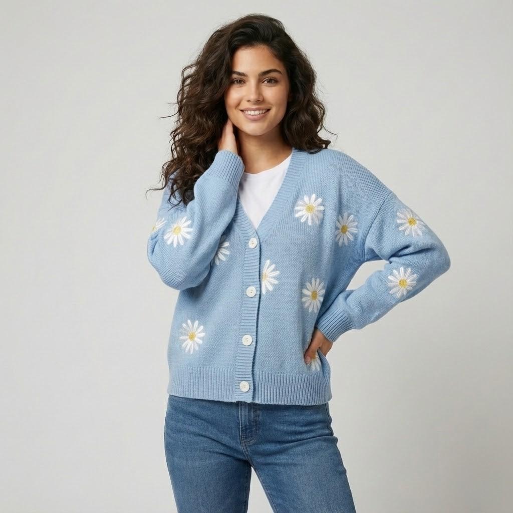 Cardigan Femenino de Punto con Botones y Patrón Floral