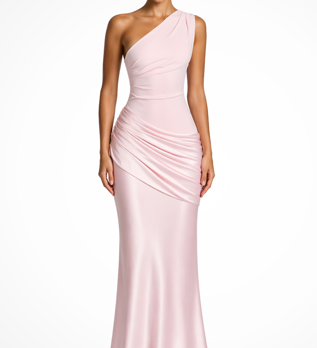 Cecily | Vestido maxi de satén arrugado de un solo hombro para invitadas de boda