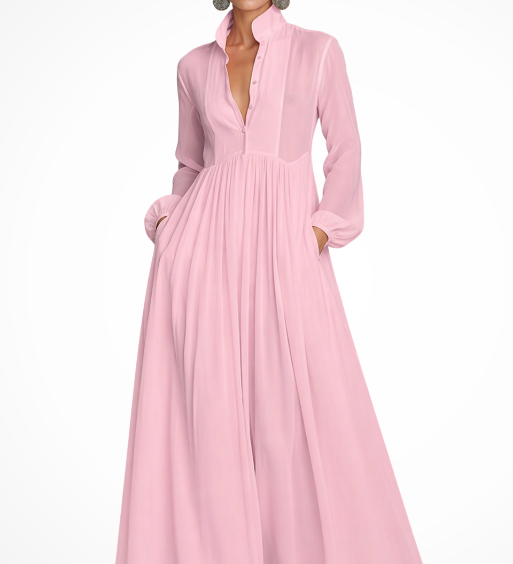 Winifred | Vestido maxi de fiesta de jardín para mujer con mangas largas y botones en la parte delantera, con bolsillos