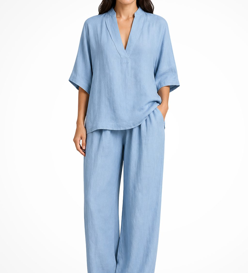 Rosalind | Conjunto de 2 piezas de lino para mujer con top de cuello en V y pantalones de pierna ancha