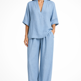 Rosalind | Conjunto de 2 piezas de lino para mujer con top de cuello en V y pantalones de pierna ancha