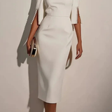 Mariah | Vestido midi de cuello redondo para mujer con mangas abiertas y detalles de perlas para bodas
