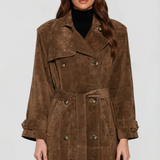 Abrigo Trench Largo de Suede Marrón para Mujer con Frente Doble Botonadura y Cinturón