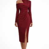 Delphina | Vestido midi de invitada de boda asimétrico de un solo hombro para mujer