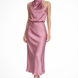 Amelina | Vestido Midi de Cuello Halter para Mujer en Satén para Invitadas de Boda