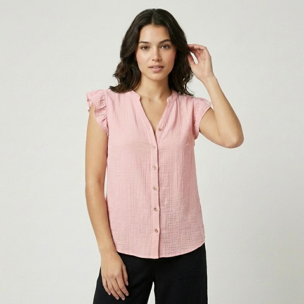 Blusa fluida en mezcla de algodón | Corte relajado | Escote en V con botones