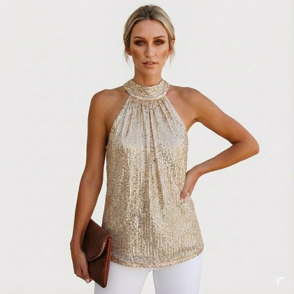 Top femenino elegante con cuello halter y acabado delicado