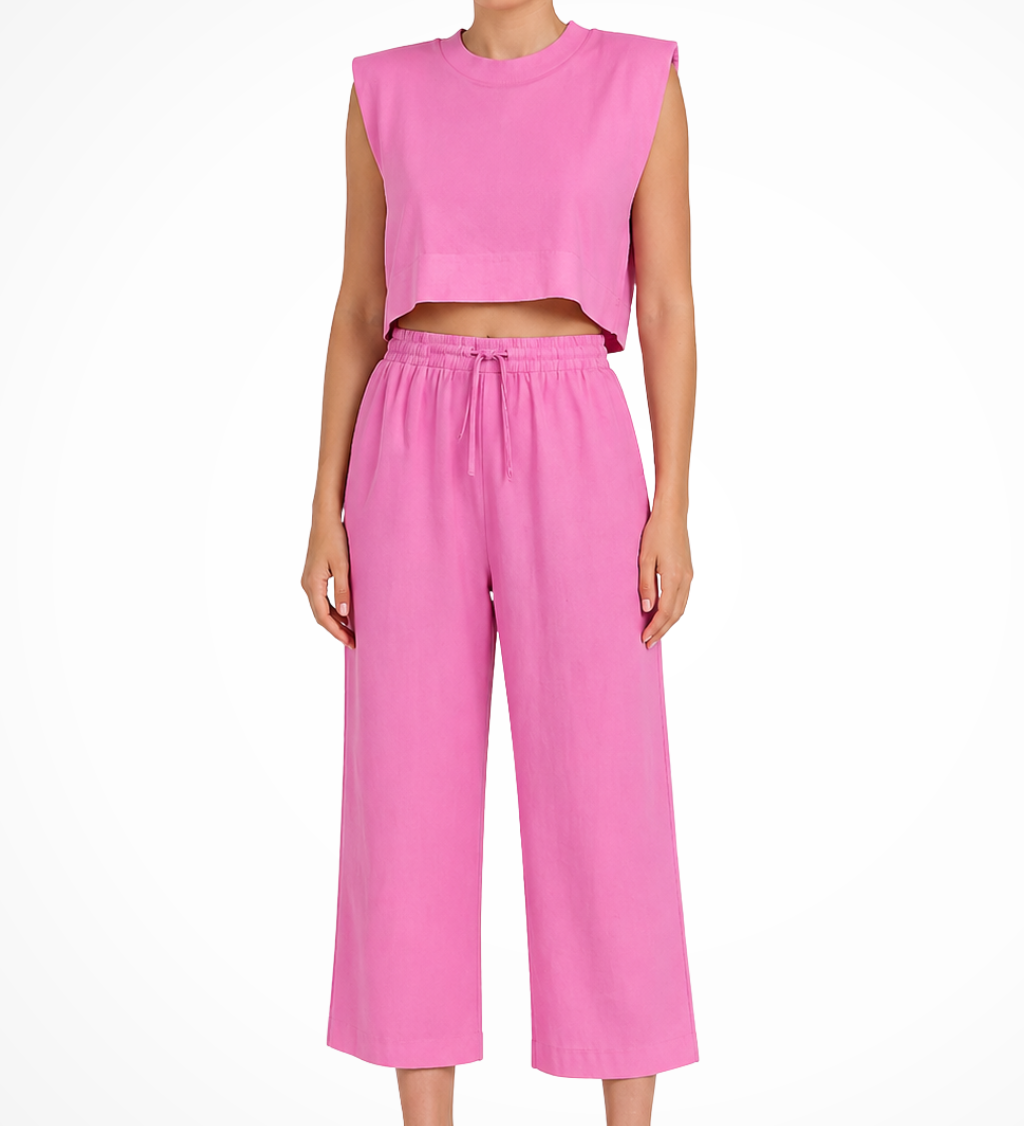 Calista | Conjunto de Top Corto Sin Mangas con Lazo Lateral y Pantalones de Pierna Ancha de Lino para Mujeres