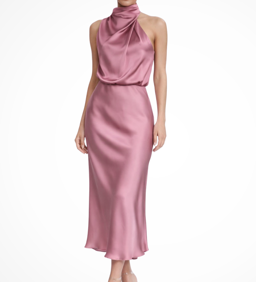 Amelina | Vestido midi de mujer estilo halter, vestido de satén para invitados a bodas