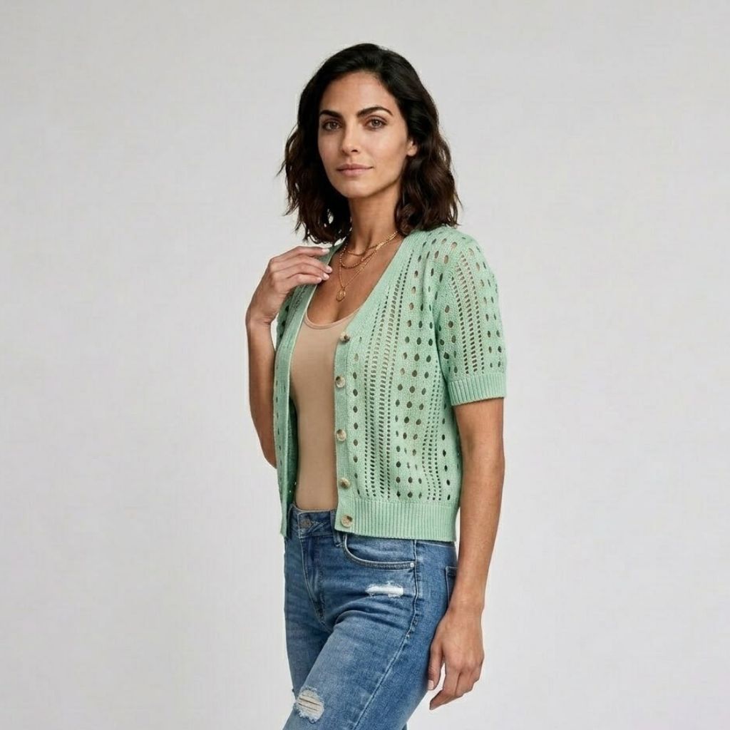 Cardigan Corto de Tejido Perforado con Botones para Look Ligero