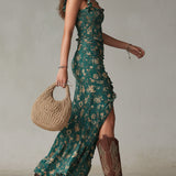Maya™ | Vestido maxi boho retro con mangas con volantes y abertura alta