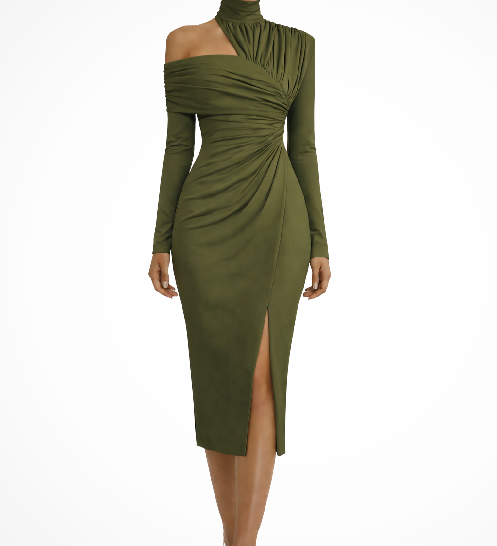 Delphina | Vestido midi de invitada de boda asimétrico de un solo hombro para mujer