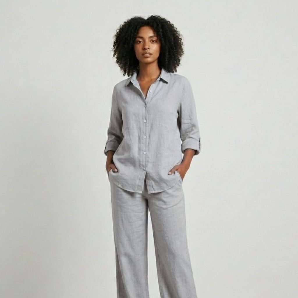 Conjunto Fluido con Camisa de Botones y Pantalones de Pierna Ancha