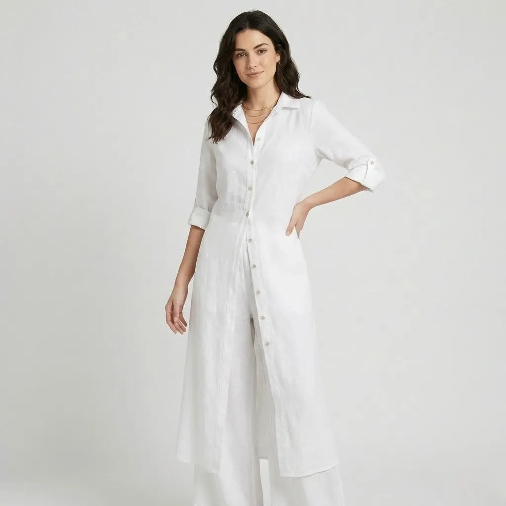 Conjunto fluido en mezcla natural | Camisa larga y pantalones anchos | Elegancia ligera y atemporal