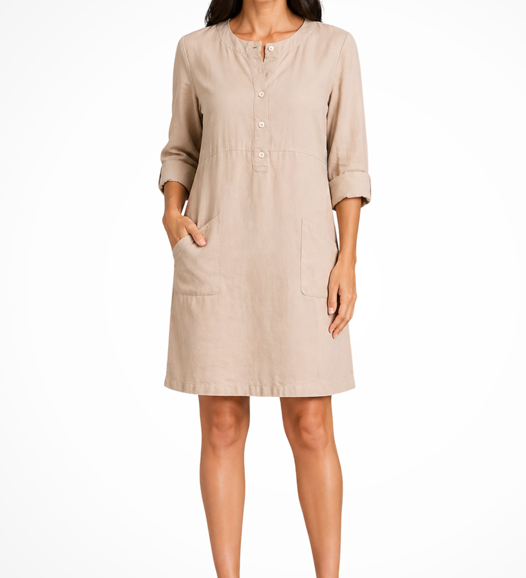 Claudette | Vestido de camisa de lino para mujer con mangas largas y bolsillos frontales