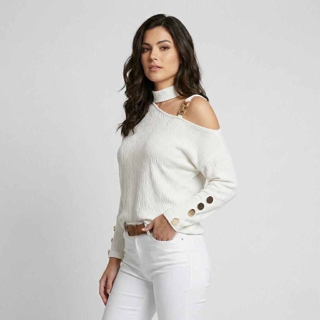 Camiseta de punto texturizado con escote asimétrico | Corte relajado | Detalle de tirante con hebilla