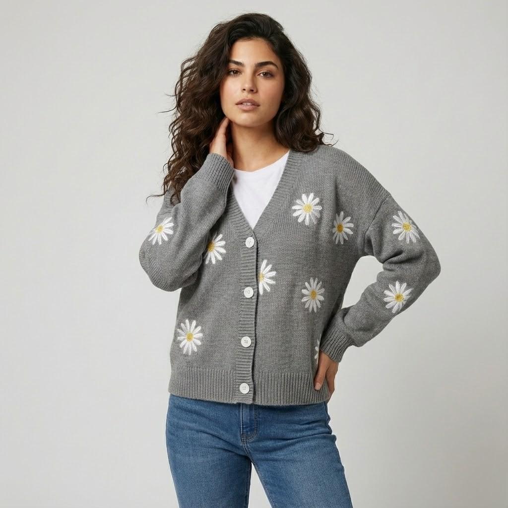 Cardigan Femenino de Punto con Botones y Patrón Floral