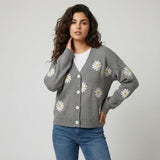 Cardigan Femenino de Punto con Botones y Patrón Floral