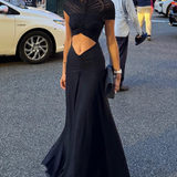 Marienna | Vestido maxi de invitada de boda con cuello alto y mangas cortas fruncidas para mujer