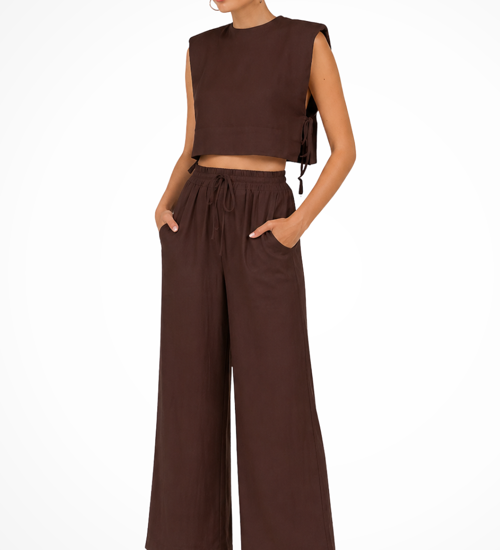 Calista | Conjunto de Top Corto Sin Mangas con Lazo Lateral y Pantalones de Pierna Ancha de Lino para Mujeres