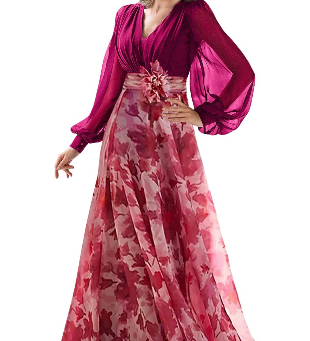 Valentina | Vestido maxi de invitada de boda con escote en V y mangas de globo con estampado floral