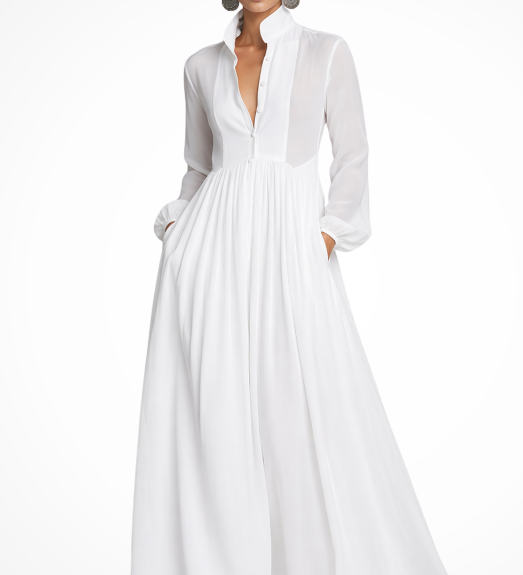 Winifred | Vestido maxi de fiesta de jardín para mujer con mangas largas y botones en la parte delantera, con bolsillos