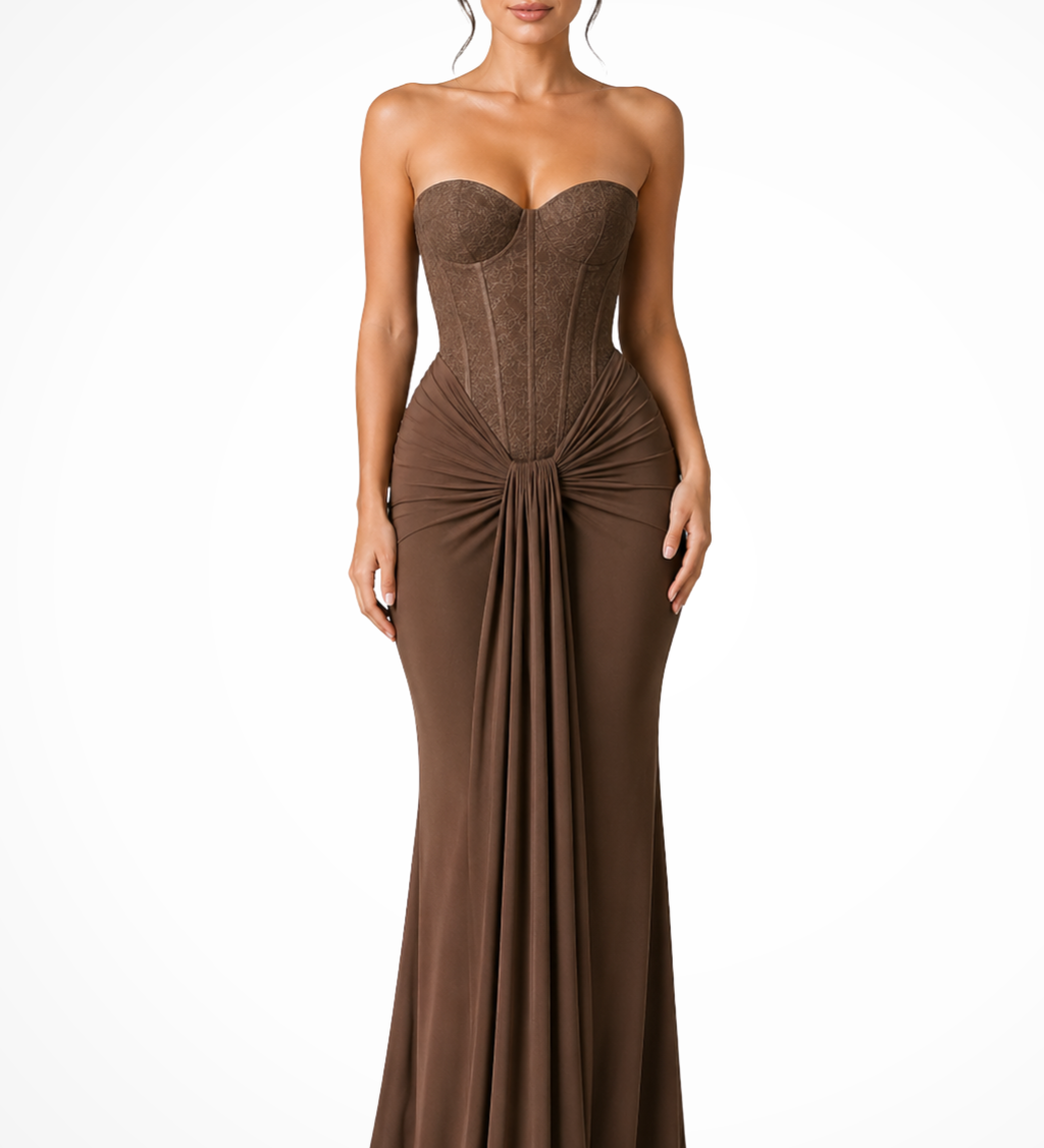 Evangeline | Corpiño de Encaje Sin Tirantes para Mujer Vestido Maxi de Invitada de Boda Drapado
