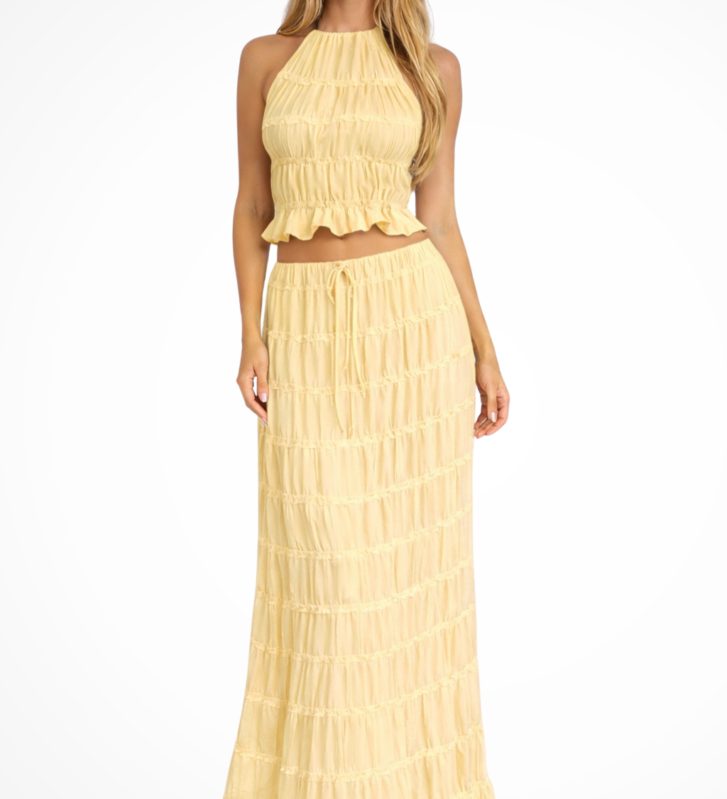 Cora | Conjunto de Top Halter Fruncido y Falda Maxi para Mujeres de 2 Piezas