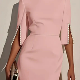 Mariah | Vestido midi de cuello redondo para mujer con mangas abiertas y perlas para bodas