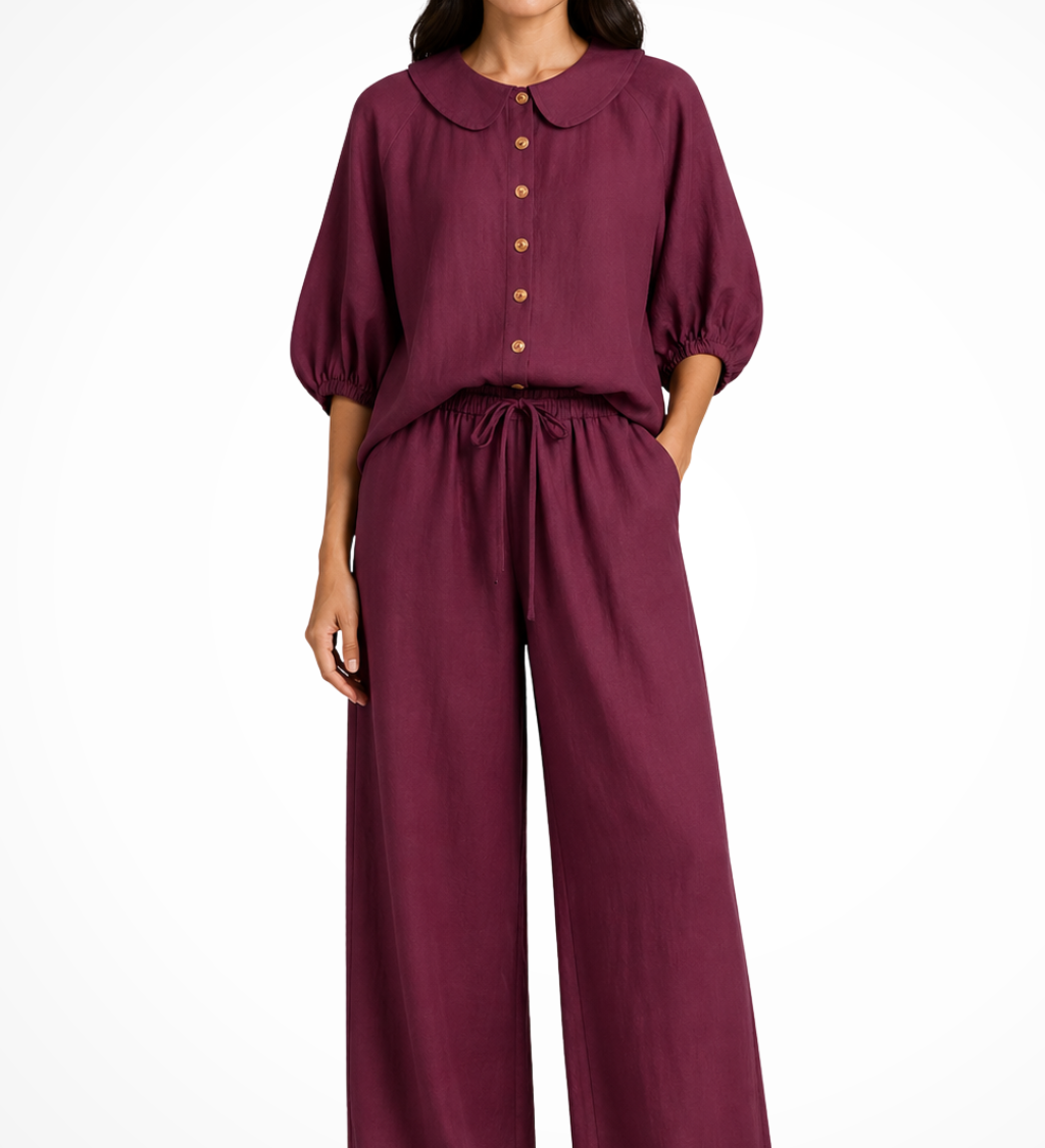 Cordelia | Conjunto de Lino para Mujeres con Blusa de Cuello Peter Pan y Pantalones de Pierna Ancha