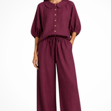 Cordelia | Conjunto de Lino para Mujeres con Blusa de Cuello Peter Pan y Pantalones de Pierna Ancha