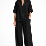 Rosalind | Conjunto de 2 piezas de lino para mujer con top de cuello en V y pantalones de pierna ancha