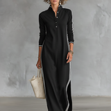Vestido camisón minimalista para señora, con cuello blanco y tapeta de botones