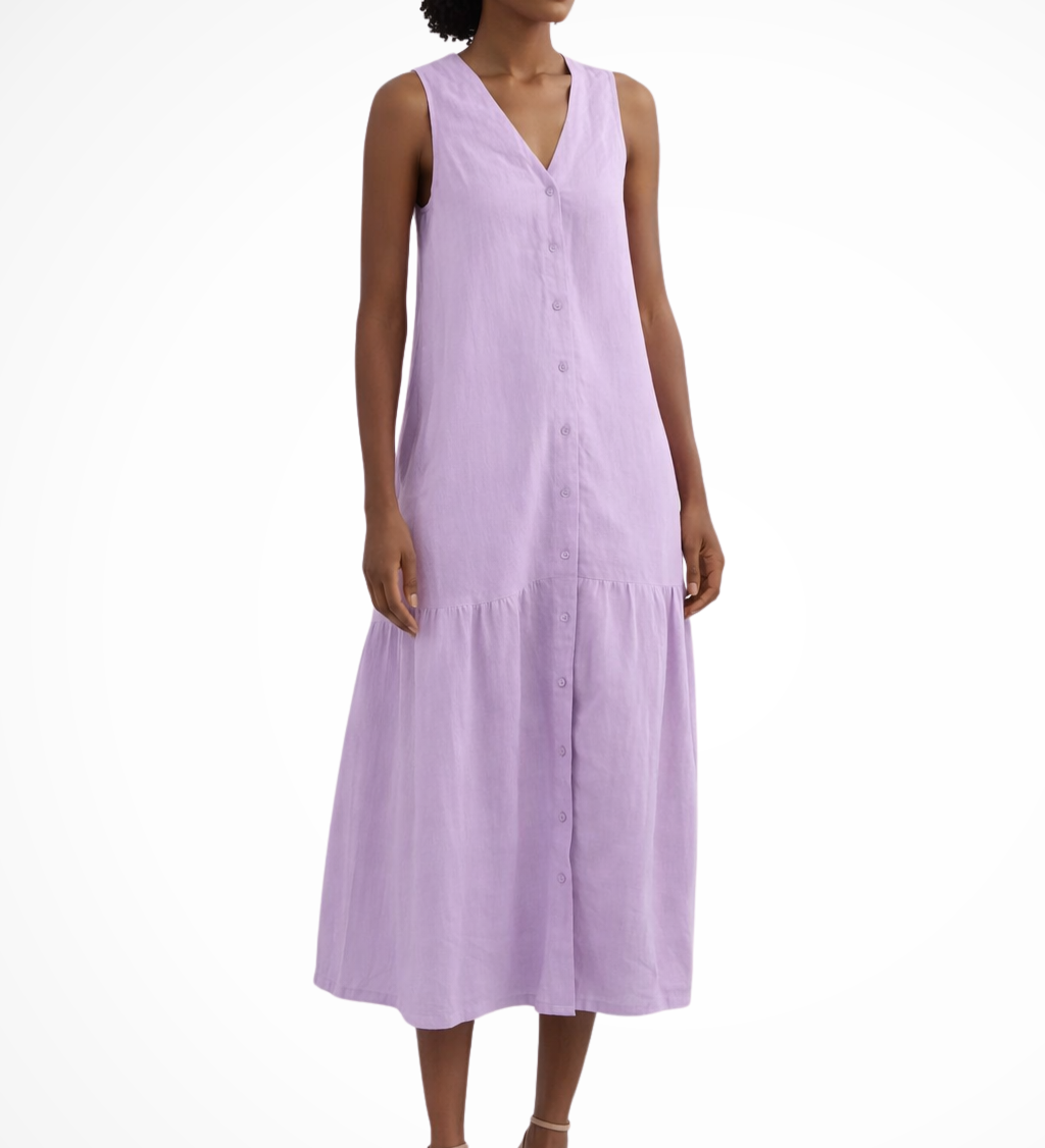 Willa | Vestido maxi de lino sin mangas con botones en la parte delantera y escote en V para mujer