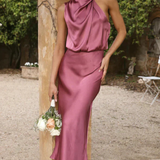 Amelina | Vestido midi de mujer estilo halter, vestido de satén para invitados a bodas