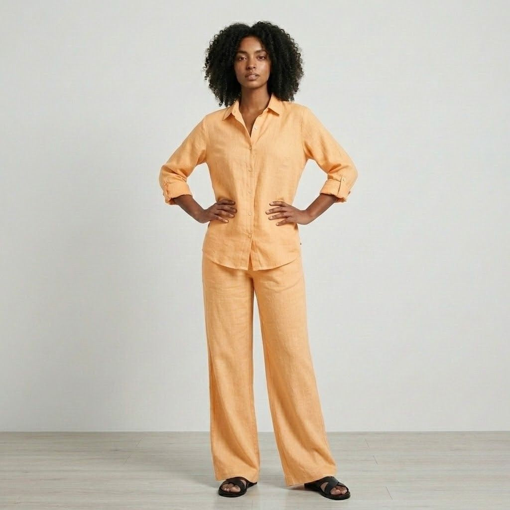 Conjunto Fluido con Camisa de Botones y Pantalones de Pierna Ancha