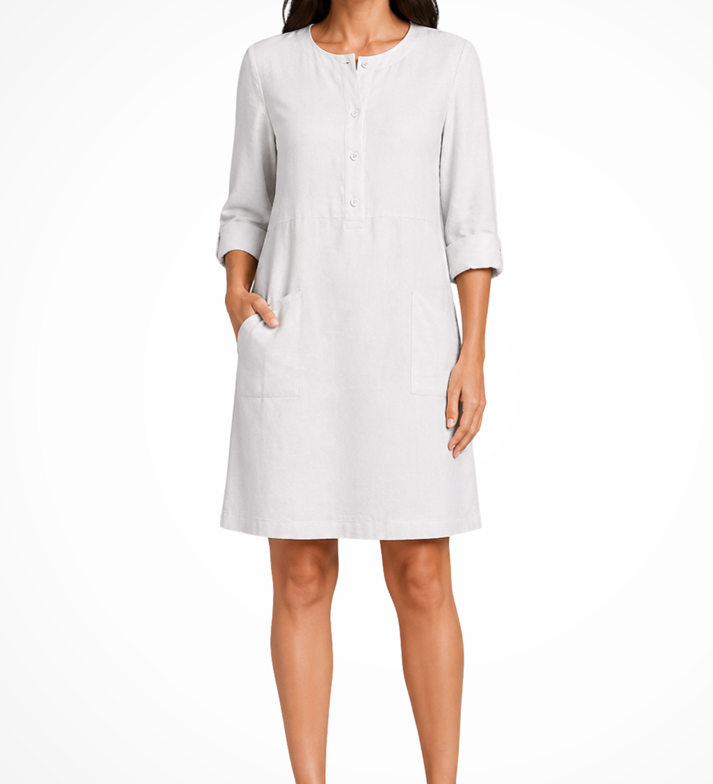 Claudette | Vestido de camisa de lino para mujer con mangas largas y bolsillos frontales