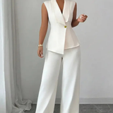 Isolde | Conjunto de Traje Blanco para Mujeres: Blazer Sin Mangas con Escote en V y Pantalones de Pierna Ancha