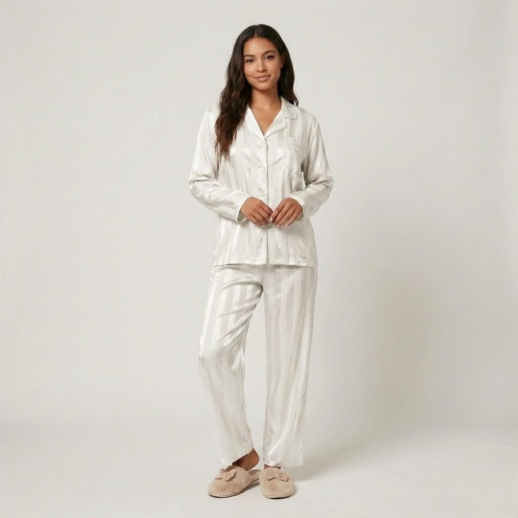 Conjunto de pijama satinado con patrón rayado | Corte fluido | Elegancia relajada