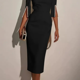 Mariah | Vestido midi de cuello redondo para mujer con mangas abiertas y detalles de perlas para bodas